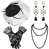 Bencailor 50s Fascinator Hat for Women Funeral Veil Hats Set Mesh Headpiece and Lace Glove Necklace Earring for Tea Party Cocktail