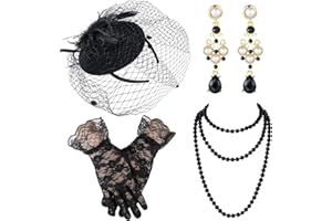 Bencailor 50s Fascinator Hat for Women Funeral Veil Hats Set Mesh Headpiece and Lace Glove Necklace Earring for Tea Party Cocktail