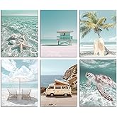 Beach Coastal Wall Art 6 Piece Beachy Sunny Days Scene, Nautical Mint Green Surfboard Canvas Artworks Tropical Print For Bedr