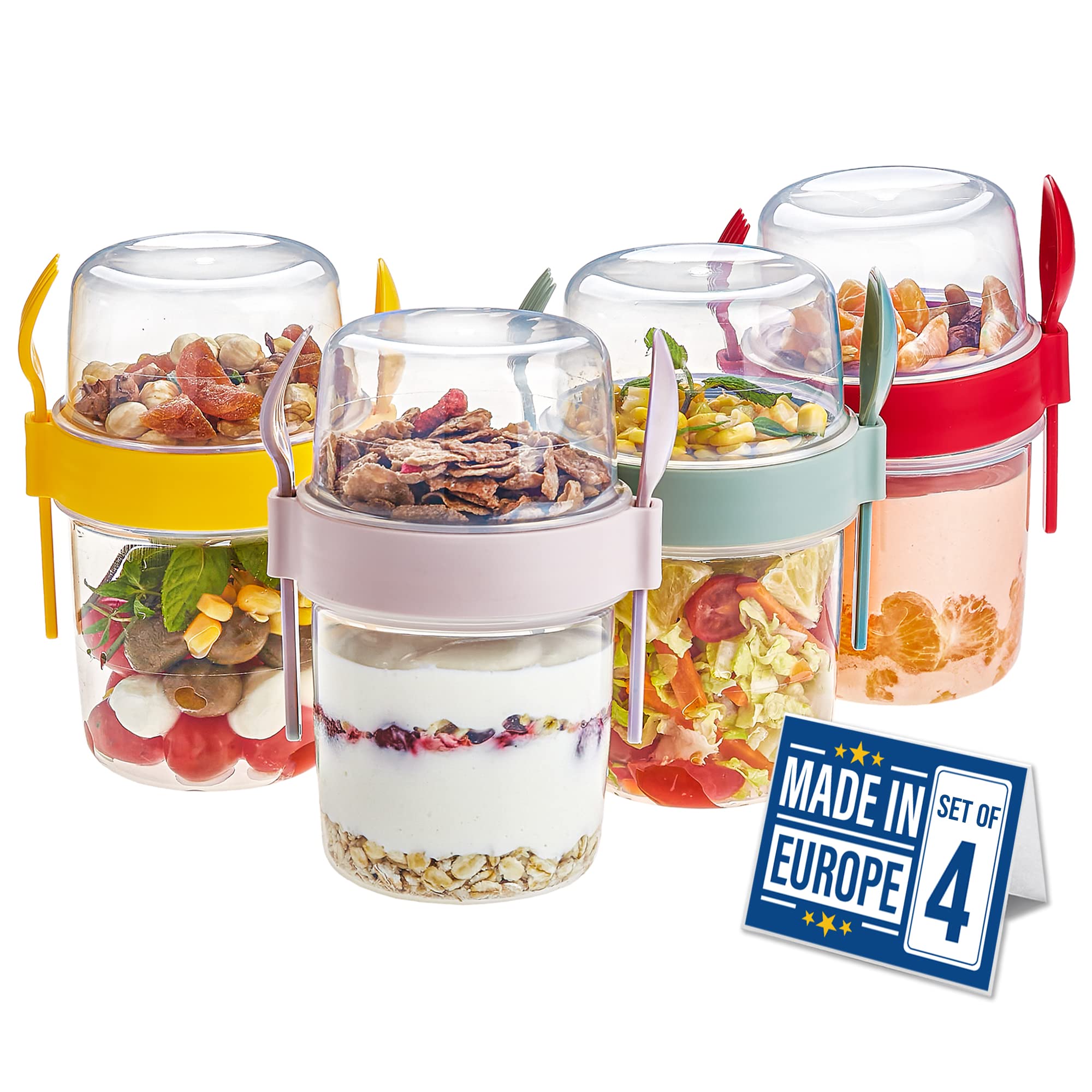 Crystalia Take and Go Yoghurt Pot Set of 4, 100% BPA Free Yogurt Pot with Spoon & Fork, Overnight Oats, Breakfast To Go, Muesli To Go, Fruit Salad Cups With Lids, Breakfast Jar, Porridge Container
