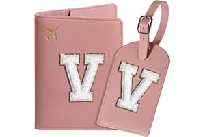 ROKOXIN Passport Cover Case and Luggage Tag Set for Women Girls, Passport Book Holder with Personalized Chenille Letter Patch, Slim Travel Wallet Bag Suitcase Identifier, Pink, V