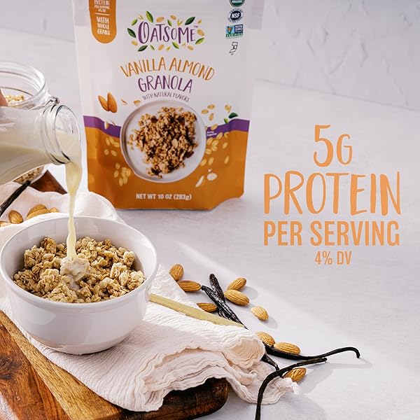 OATSOME VANILLA ALMOND GRANOLA, GLUTEN FREE, NON-GMO, 5G PROTEIN, MADE WITH WHOLE GRAIN ORGANIC OATS, HONEY, ALMONDS, & VANILLA, FOR PROTEIN SNACKS CEREALS BREAKFAST YOGURT, 10 OZ BAG