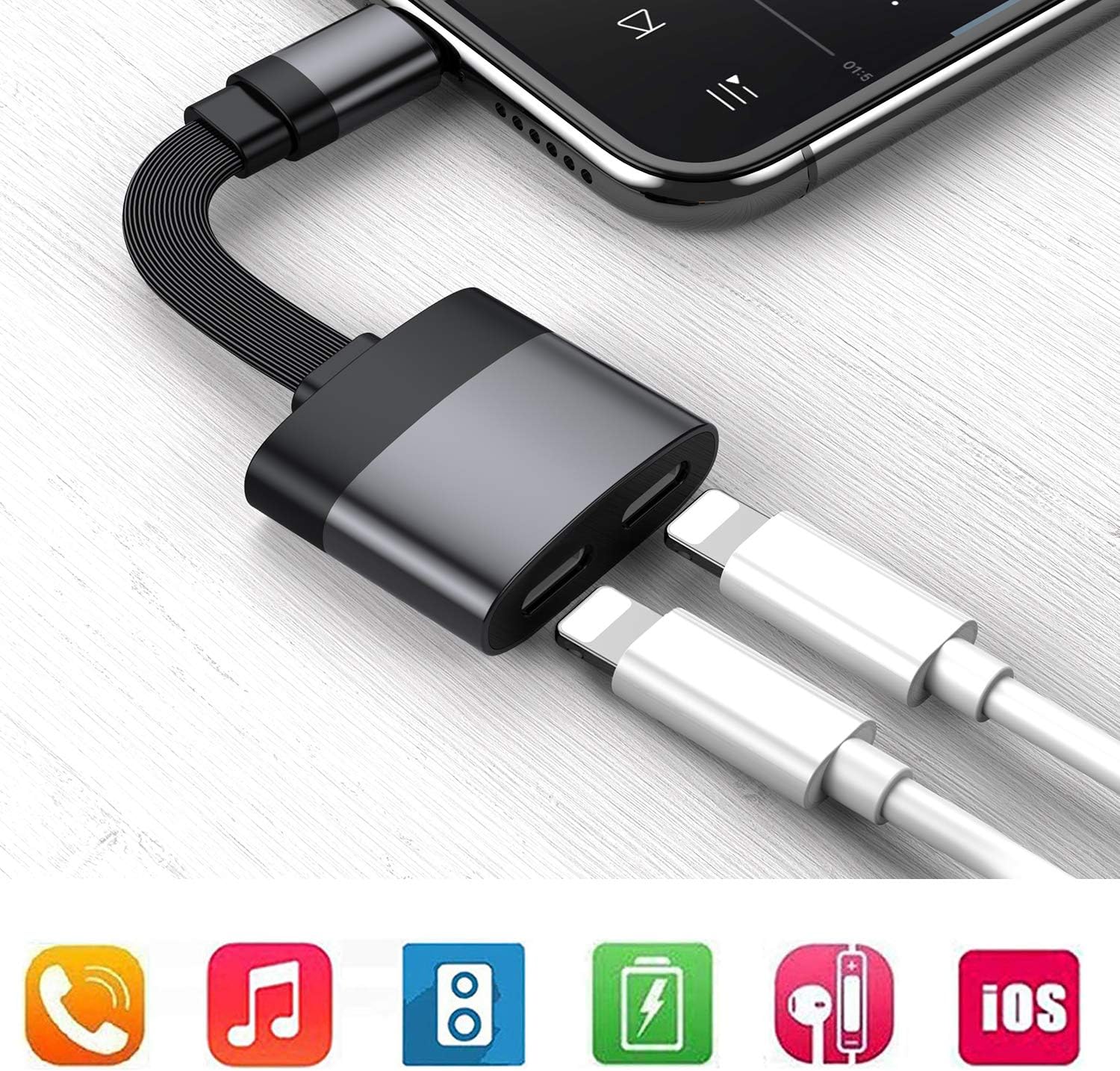 Headphone Adapter for iPhone 11 AUX Audio Charge Dual Jack Earphone Adapter [ Music+Charge+Call+Volume Control ] Headphones Dongle Compatible for iPhone 7/7P/8/8P/XR/XS Support t All iOS-Black