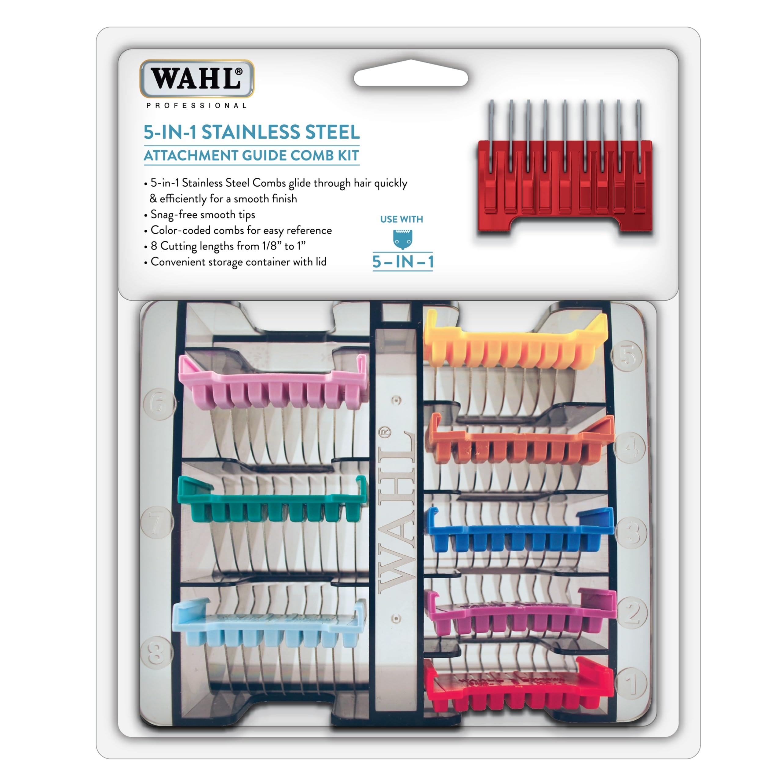 Wahl Stainless Steel Comb Set, Coloured Attachment Combs, For Wahl Arco, Belisima, Bravura and Chromstyle, Clipper and Trimmer Accessories, Storage Caddy