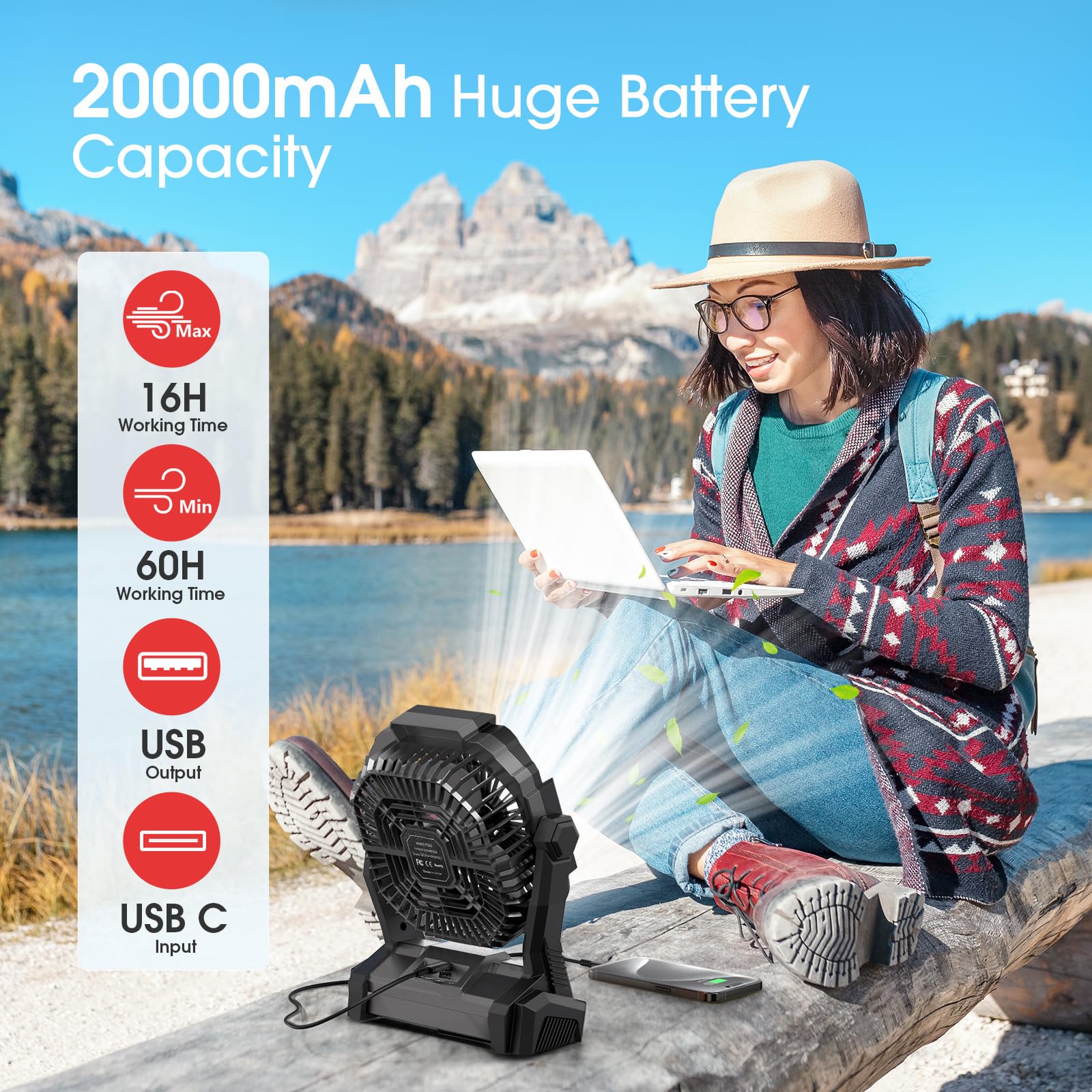 Portable Fan Rechargeable, 20000mAh Cordless Battery Powered Fan with LED Lantern, USB C Battery Operated for Travel Bedroom Home Camping Tent Office Beach Desk Fishing Table