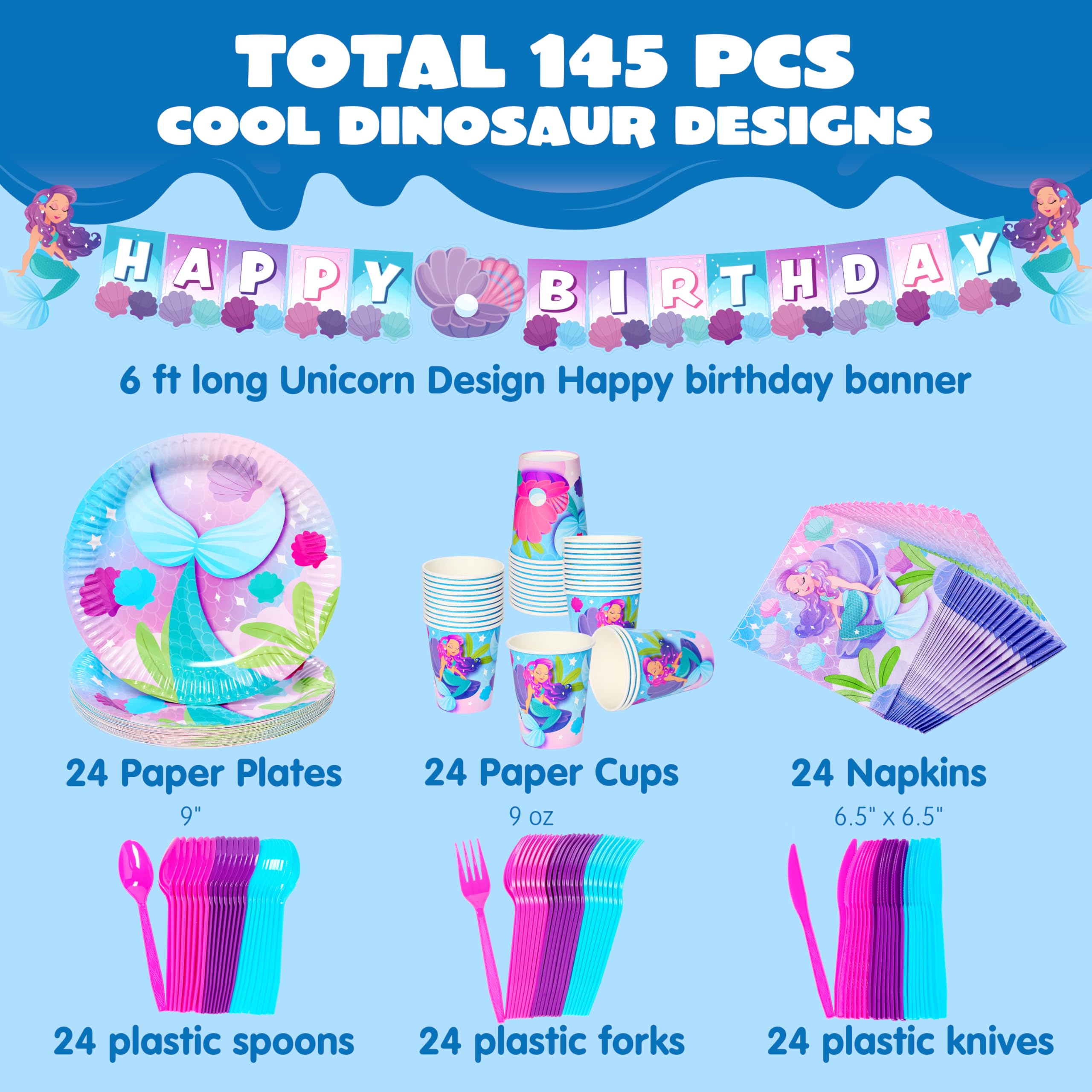 JOYIN 145 Pcs Mermaid Birthday Party Supplies with Banner, 24 Serves Mermaid Tableware Set with Plates, Cups, Napkins, and Cutlery Sets for Mermaid Themes Party Kids 6 7 8 Years