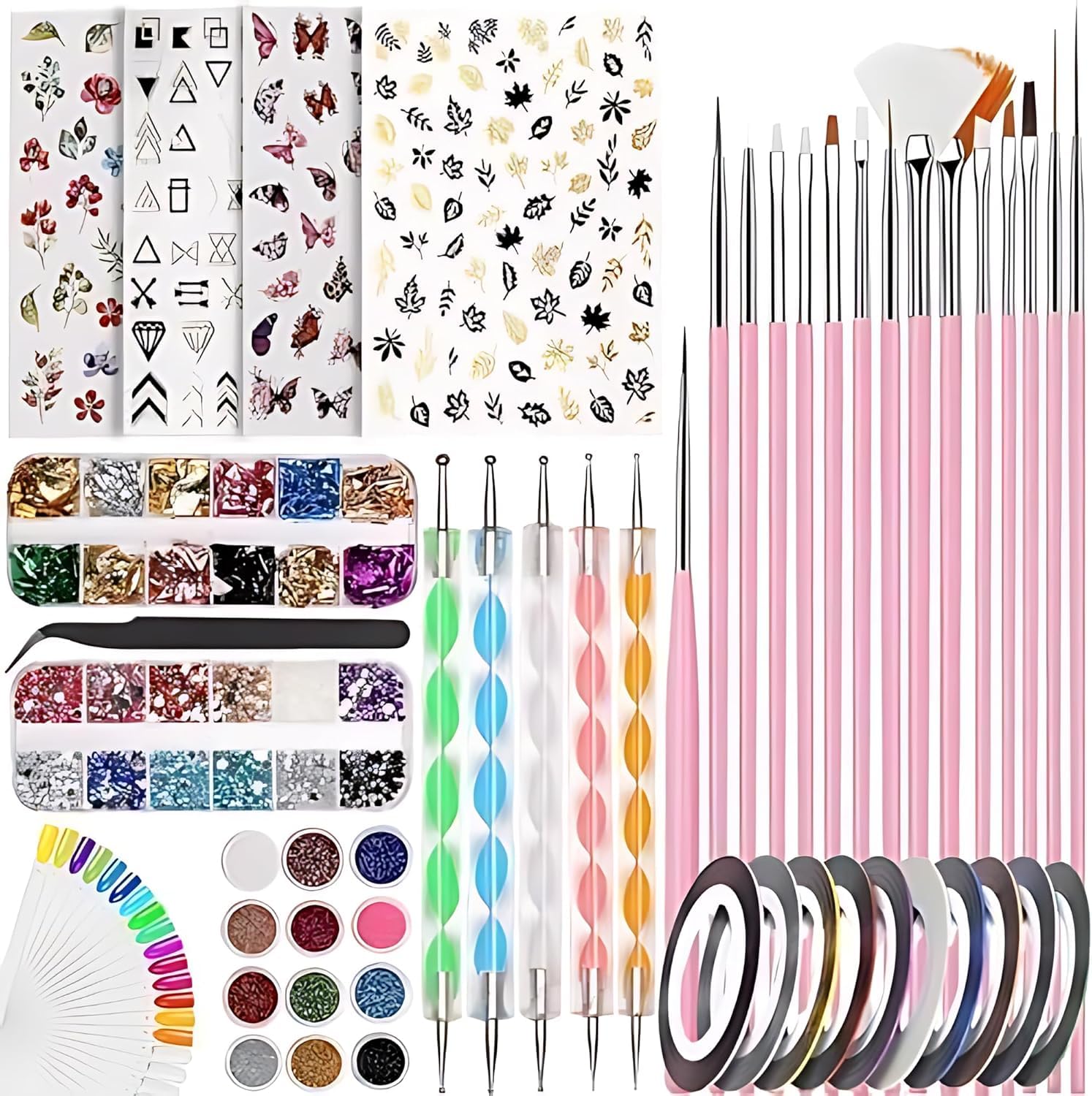 Nail Art kit Accessories,121pcs, Nail Art Brushes, Tools, Nail Pen designing Dotting,Colourful Nail foil,Stripping Manicure Tape, Rhinestone,Nail Glitter Powder,Supplies In Nail Art Set,Practic Tips