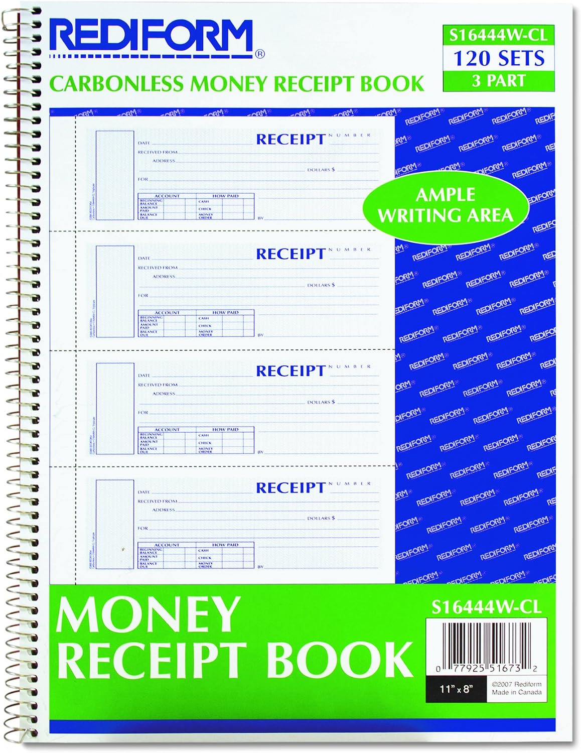 Spiralbound Unnumbered Money Receipt Book, 2 3/4 x 7, Three-Part, 120 Sets/Book, Pink, White, 7 In X 2 3/4 In - Image 3