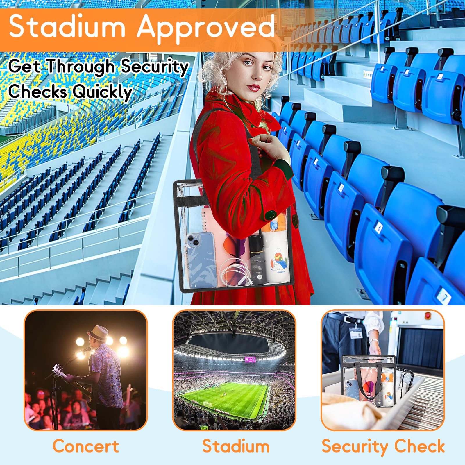 Clear Bag for Stadium Events Approved, 12x6x12 Large Transparent Tote Bag with Zipper for Gym Concert Sports Festivals