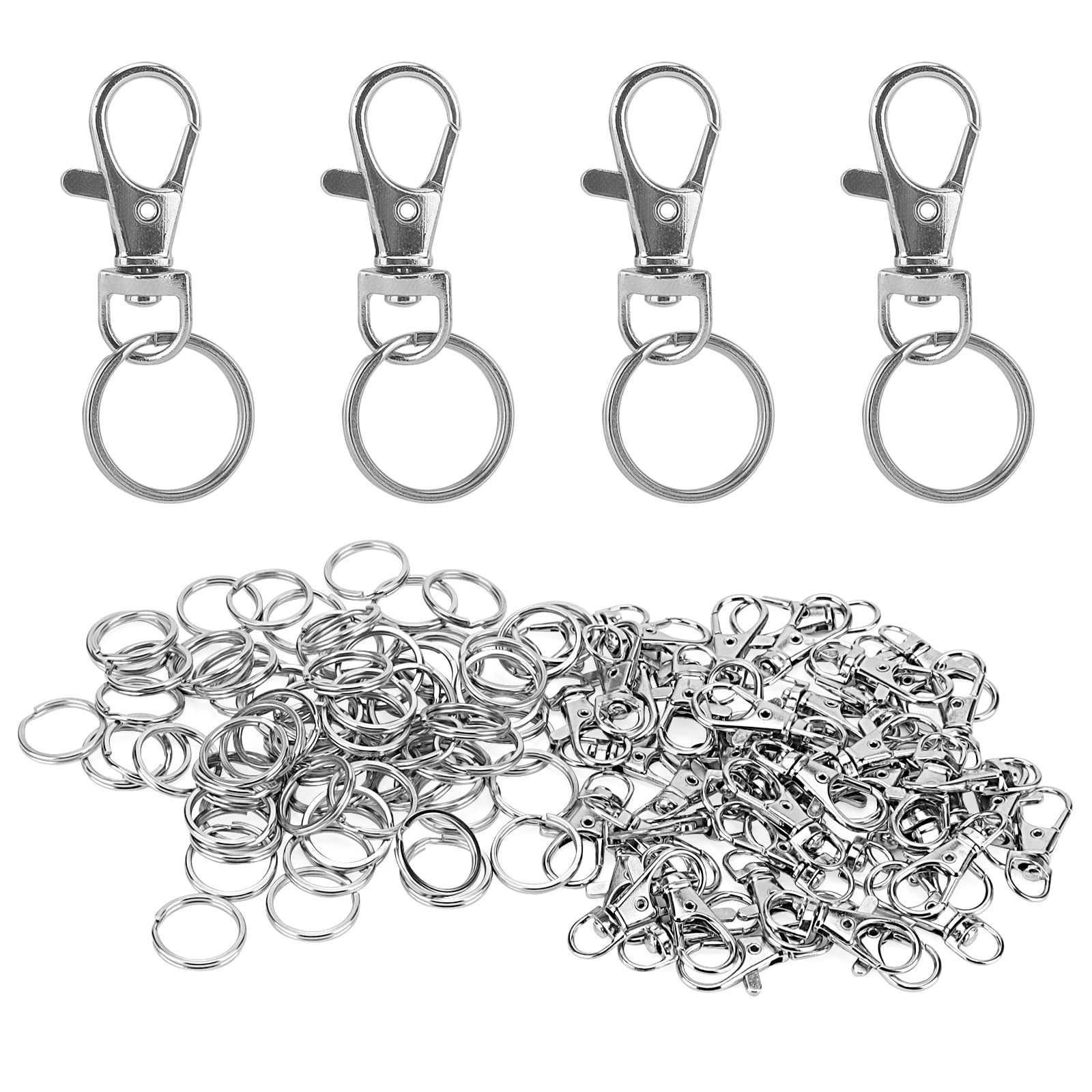 JAPCHET 200 PCS Swivel Lobster Clasps, Key Chain Hoop with 200 PCS Ring, Swivel Lanyard Snap Hook Clip for DIY Jewellery Making Hanging, Silver