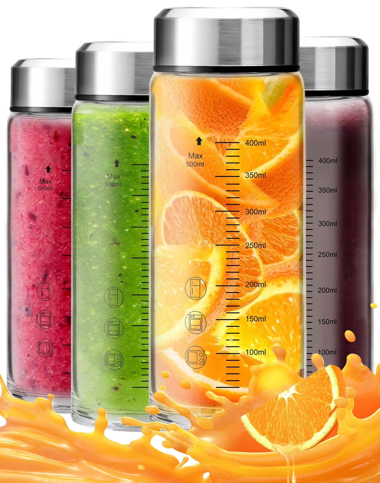 Photo 1 of 16oz Glass Juice Bottles with Lids 4-Pack, Wide Mouth Reusable Water Bottles for Juicing, Smoothies, Infused Water - Leakproof BPA Free Premium Clear Glass & Stainless Steel Lids, Fridge Safe