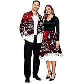 Matchable Couple Christmas Snowflake Print Shirt or Plus Size Knee Length A Line Long Sleeve Xmas Dress with Belt