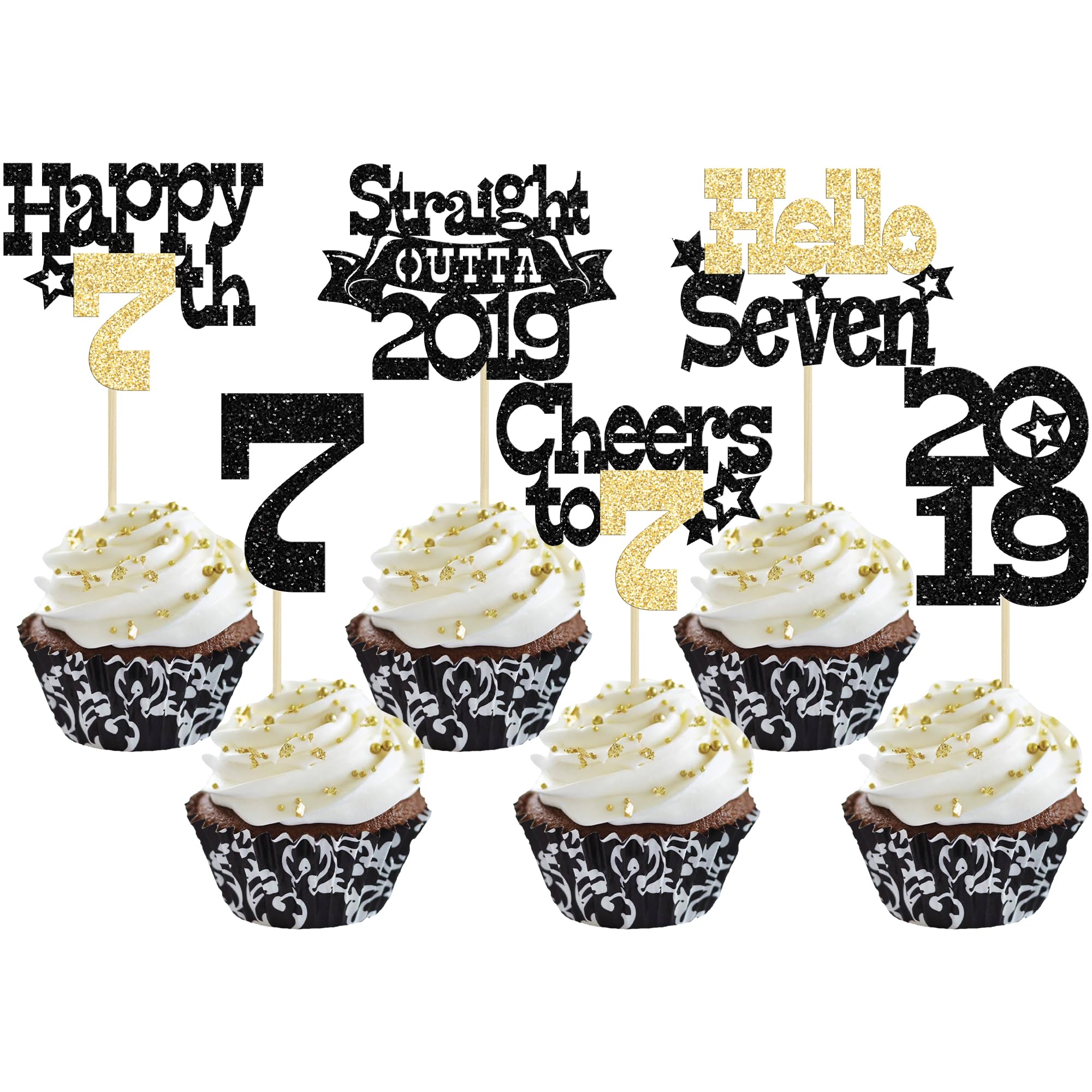 Ephlyn 30Pcs Straight Outta 2019 Cupcake Toppers Glitter Hello Seven Happy 7th Birthday Cupcake Picks Cheers to 7 Years Cake Decorations for 7th Birthday Party Supplies Black Gold — image 1