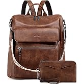 VASCHY Backpack Purse for Women, Large Vegan Leather Backpack Purse with Wallet Pouch Set Convertible Handbag for Ladies Guitar Strap Brown