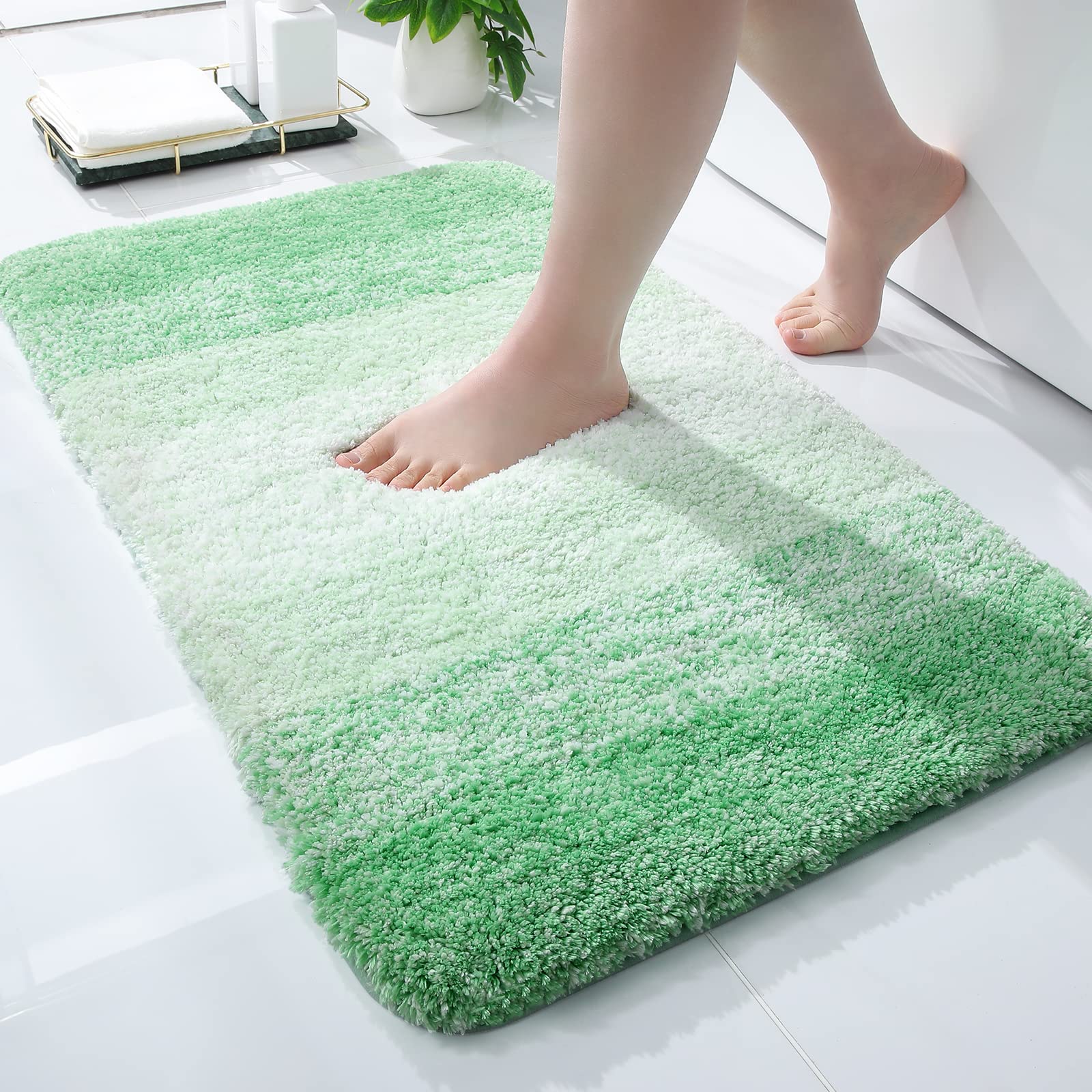 smiry Microfiber Bath Mat, 40 x 60 cm, Non-Slip Super Absorbent Bathroom Mat, Extra Soft Thick Floor Foot Mat, Fluffy Shaggy Bath Mats Rugs for Bathroom, Green