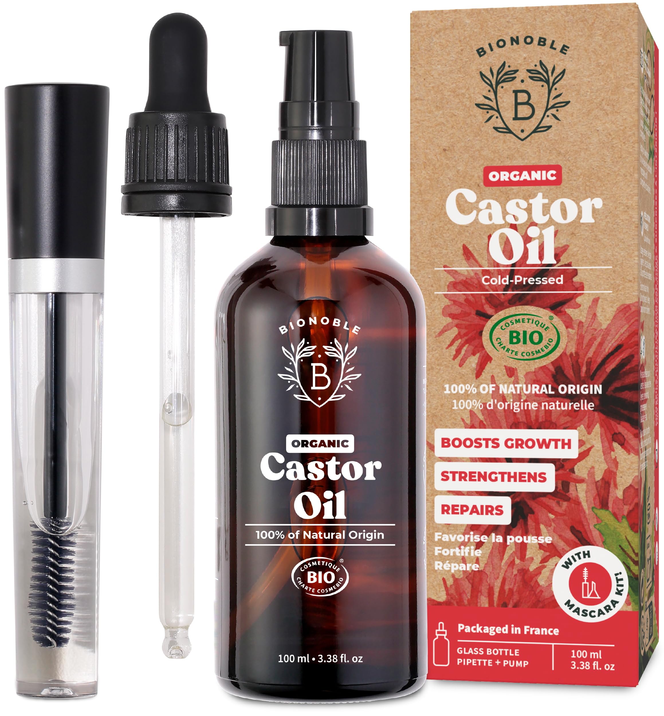 BIONOBLE Organic Castor Oil Cold Pressed + Mascara Kit - Hexane Free, 100% Natural - Pure Castor Oil Organic for Eyelashes, Hair Growth, Eyebrows, Skin, Face - Glass Bottle, Pipette and Pump - 100ml