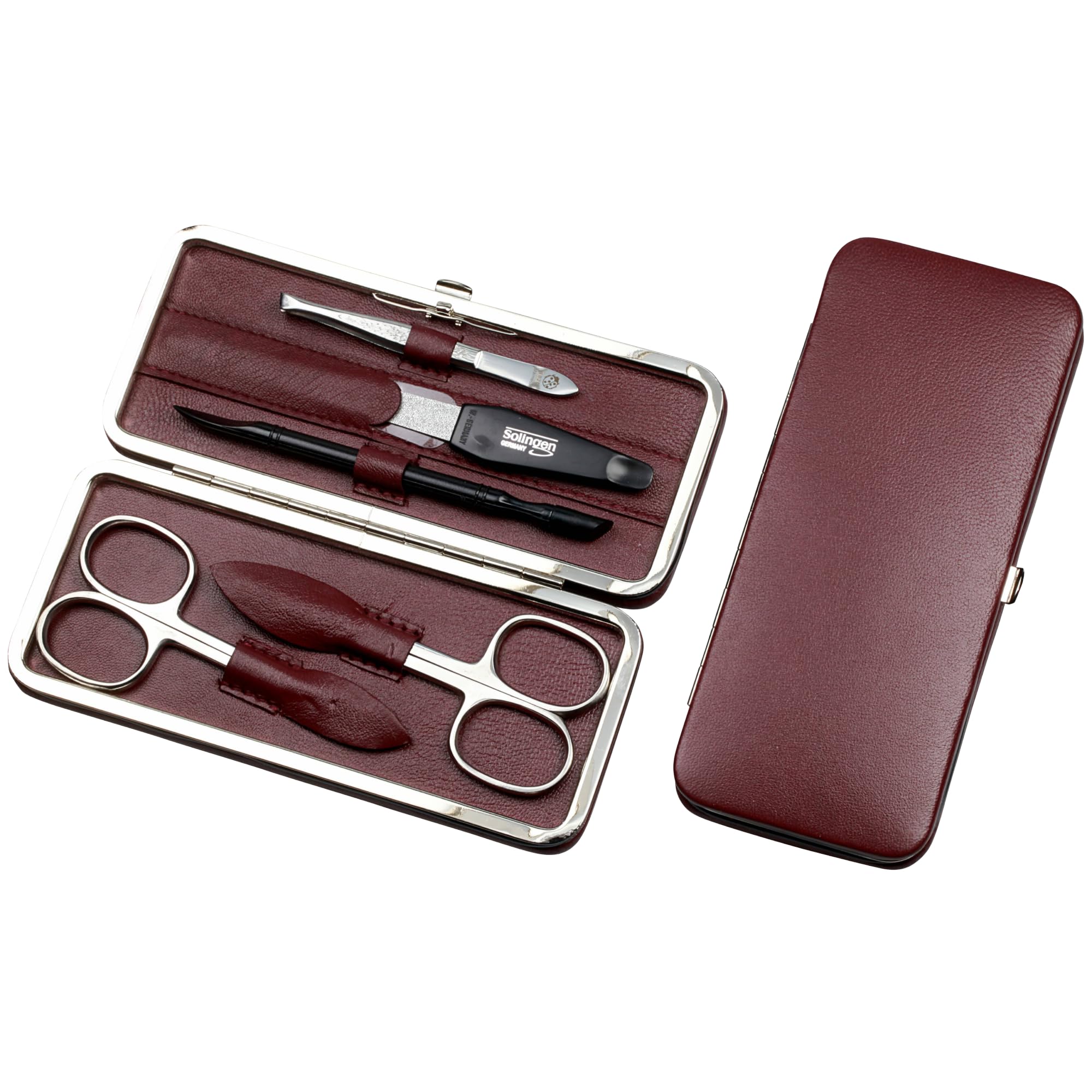 Sonnenschein by Hans Kniebes Manicure set, 5 pieces, nail scissors, cuticle scissors, nail file, tweezers, hoof stick, nappa lambskin manicure case, burgundy