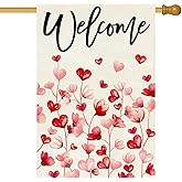 Baccessor Valentine's Day Welcome House Flag 28x40 Inch Double Sided Burlap,Floral Red and Pink Love Hearts Large Garden Flag Anniversary Wedding Holiday Porch Patio Outdoor Outside Decoration