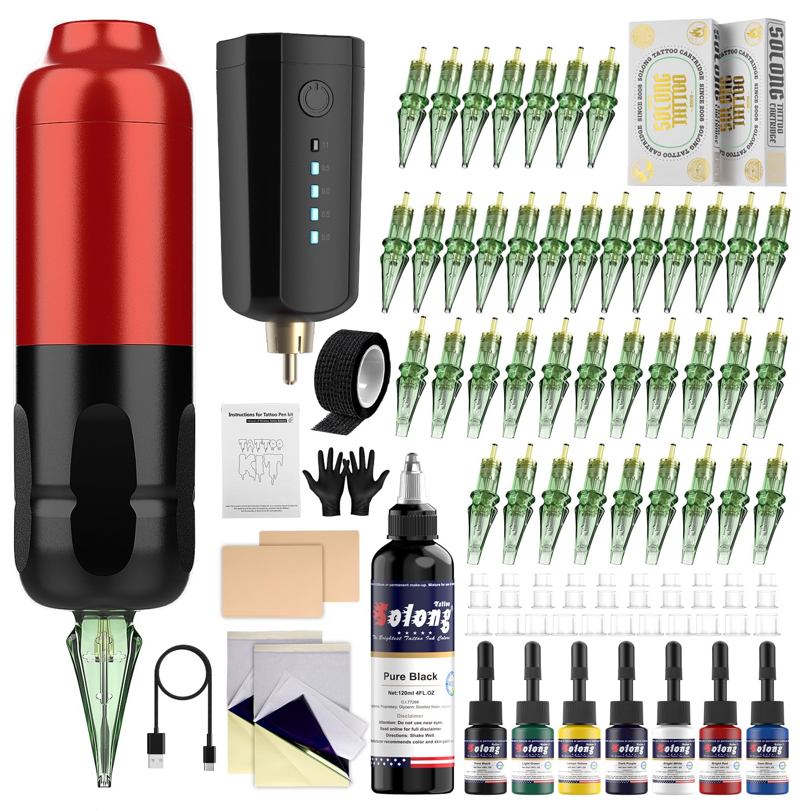 Solong Tattoo Gun Kit Tattoo Kit Professional Tattoo Machine 1600mAh Power Supply with 40pcs Tattoo Needles for Beginners and Artists SLQ53KITP803-2