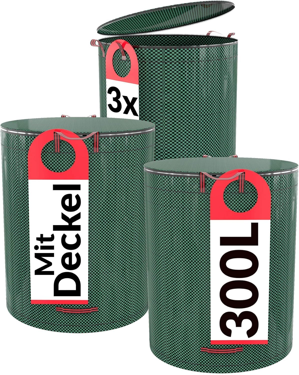 Praknu 3er Gartensack mit Deckel Verschließbar - 300L - 4 Reißfeste Griffe - Robustes Polypropylen