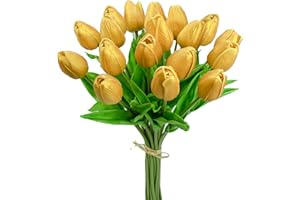 Mandy's 20pcs Gold Flowers Artificial Tulip Silk Fake Fall Flowers 13.5" for Mother's Day Easter Valentine’s Day Gifts in Bul