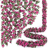 PONKING 8 Pcs x 8.2 ft Flower Garland Artificial Rose Vine Flowers with Green Leaves Hanging Fake Roses Vine for Room Party Home Wedding Birthday Christmas Wall Arch Decor, Spring Magenta Flower