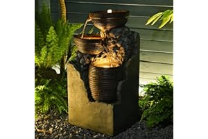 Tankana Outdoor Water Fountain Garden - Waterfall Fountains Indoor Water Feature 3 Tier Bowls with Lights & Pump for Patio Yard Porch Deck Pool Home Decor, 28 inches Tall