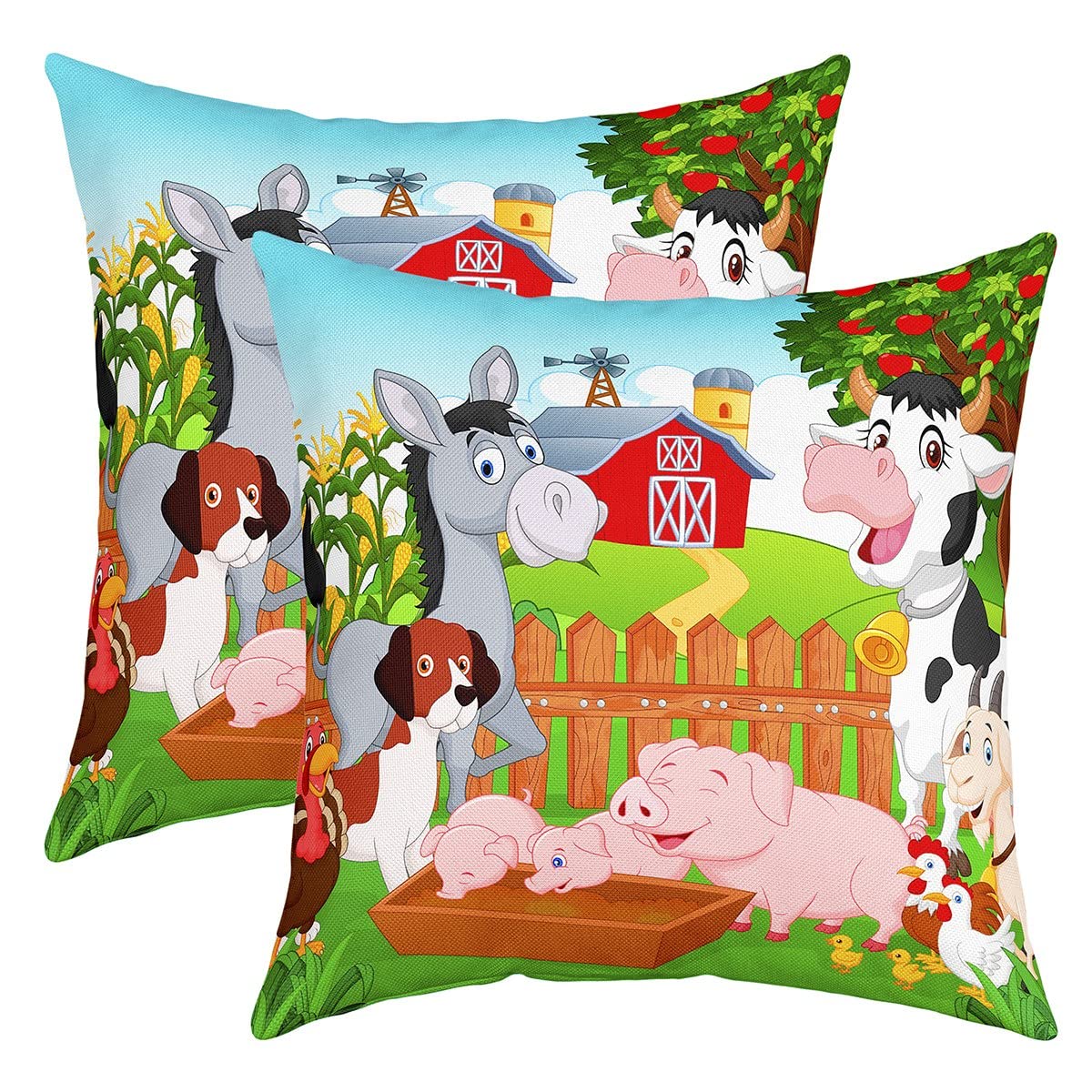 Cartoon Pig Throw Pillow Covers 18"x18" Set of 2 Soft Cute Horse Farm Animal Cow Cushion Covers for for Sofa Farm Nursery Decor Glasses Green Pink Decorative Pillowcases Outdoor Pillows Covers