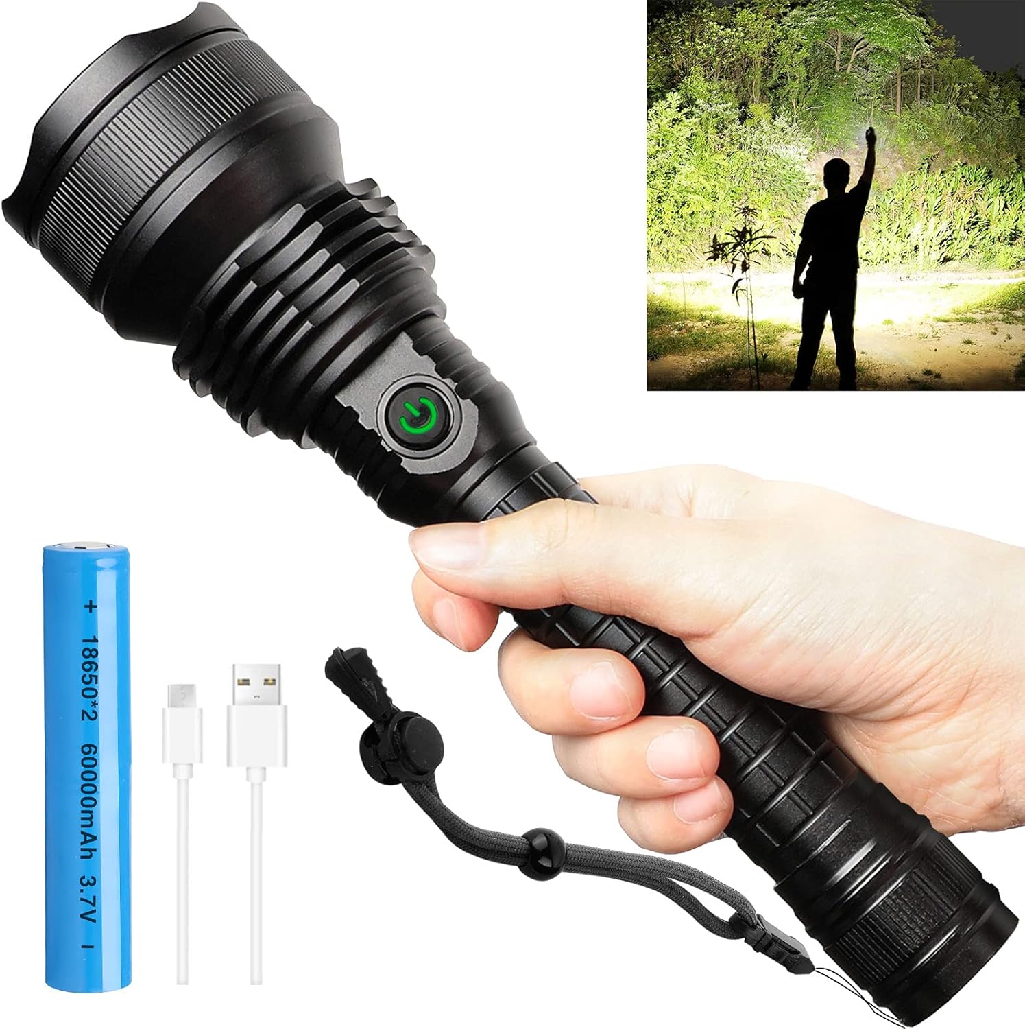 Rechargeable Led Flashlight, Super Bright Flashlights High Lumens Powerful Tactical Flashlights with 18650 Batteries Included, 5 Modes, Waterproof Flashlight for Emergencies, Camping (Black) - - 