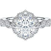 THELANDA 1.5CT Round Cut Genuine Moissanite or Simulated Diamond Sterling Silver Milgrain Vintage Promise Ring Halo Engagement Ring