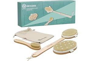 Nevlers Natural Boar Bristle Dry Brushing Body Brush 4-Piece Massage Set | Detachable Long Wooden Handled Back Scrubber, Exfoliating Body Scrubber, Small Exfoliating Face Brush, & Cloth Travel Bag