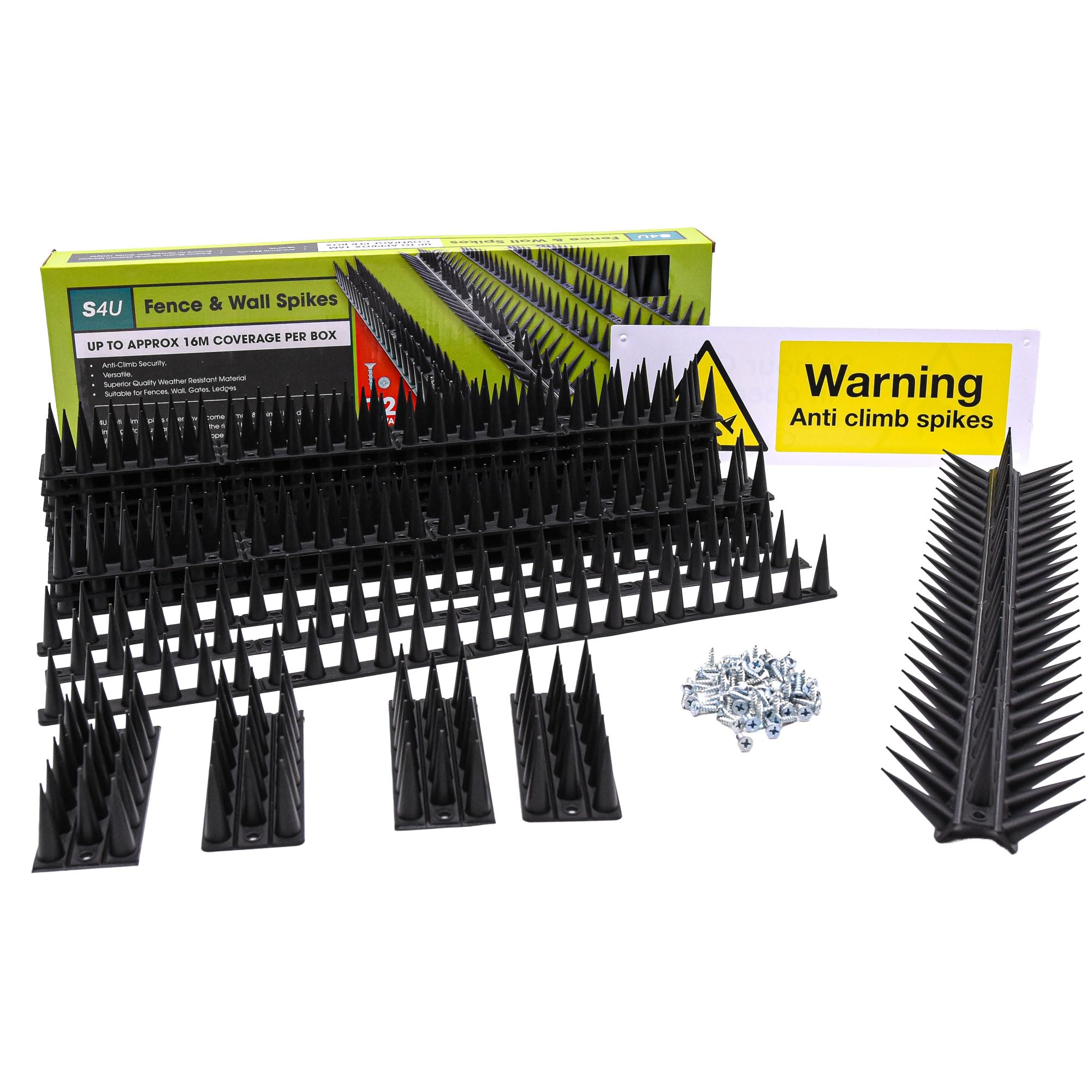 S4U Fence Wall Spikes 12pcs Garden Tall Bird Spikes Cat Pigeon Deterrent Coverage between 5.3m to 15.90m Per Box Anti Climb 44 x 4.3 x 3.8cm Warning Sign Included & Screws (Black)