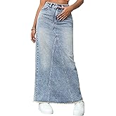 Flvsun High Waisted Maxi Denim Skirt Frayed Raw Hem Casual A line Long Jean Skirt with Pockets