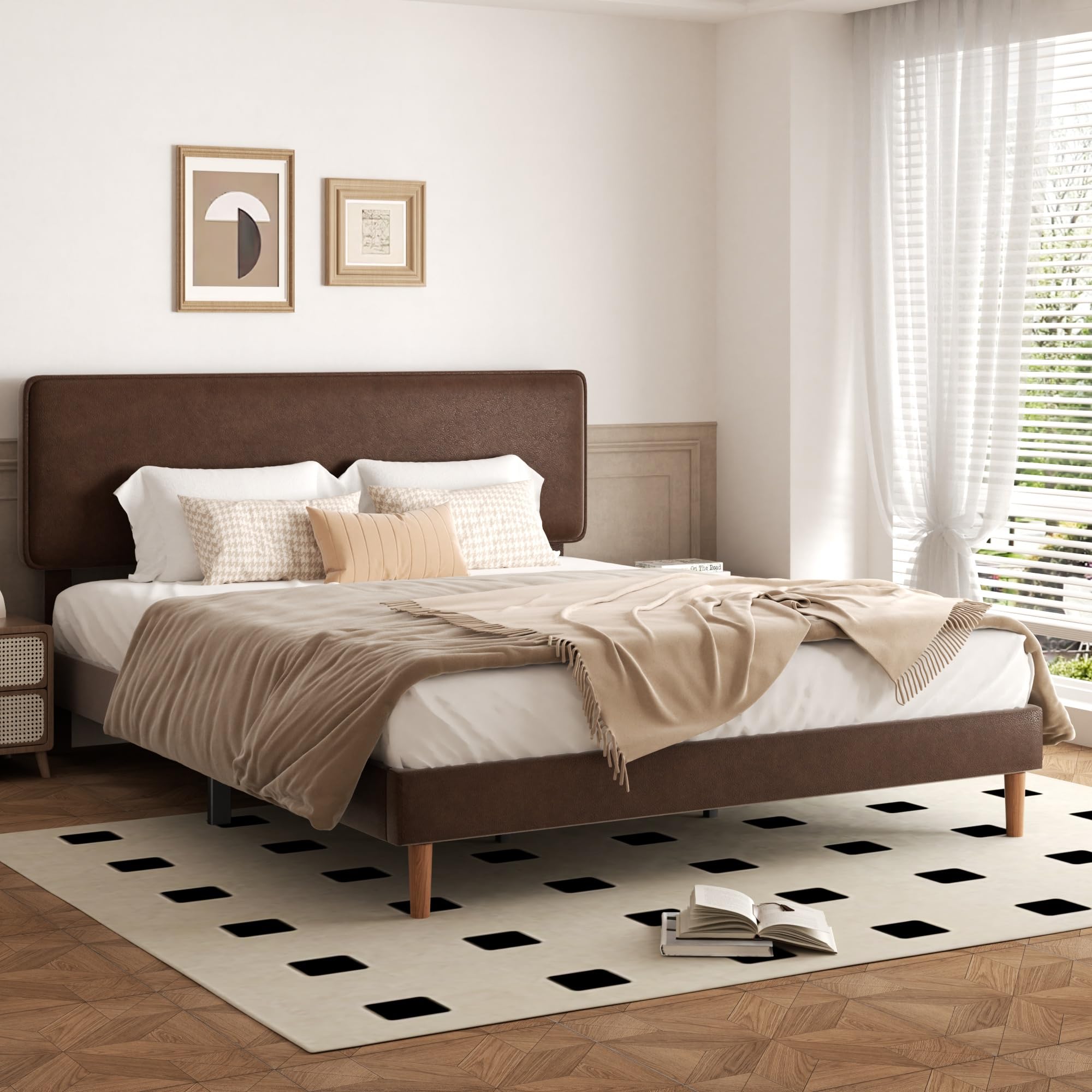 Photo 1 of *MINOR DAMAGE - USED*
Sismplly King Size Upholstered Bed Frame with Adjustable Headboard, Faux Leather Platform Bed with Wood Slats, Lychee Grain Leather, No Box Spring Needed, Easy Assembly, Noise Free, Dark Brown