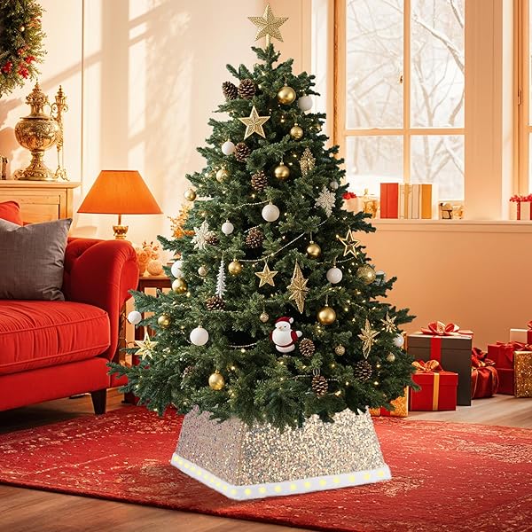 27 INCH SQUARE CHRISTMAS TREE SKIRT WITH LED LIGHTS – SPARKLING GLITTER FABRIC,BATTERY POWERED FOLDABLE SKIRT FOR CHRISTMAS HALLOWEEN HOLIDAY DECORATIONS TREES WITH A HEIGHT LESS THAN 8 FT