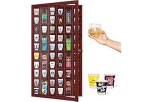ILOT Shot Glass Display Cabinet Solid Wood - Large Display Case for Collectibles | Man Cave Accessories | UV Protection Acrylic Door | Wall Mounted Black Shadow Box | 52 Slots | 32"x17" Mahogany