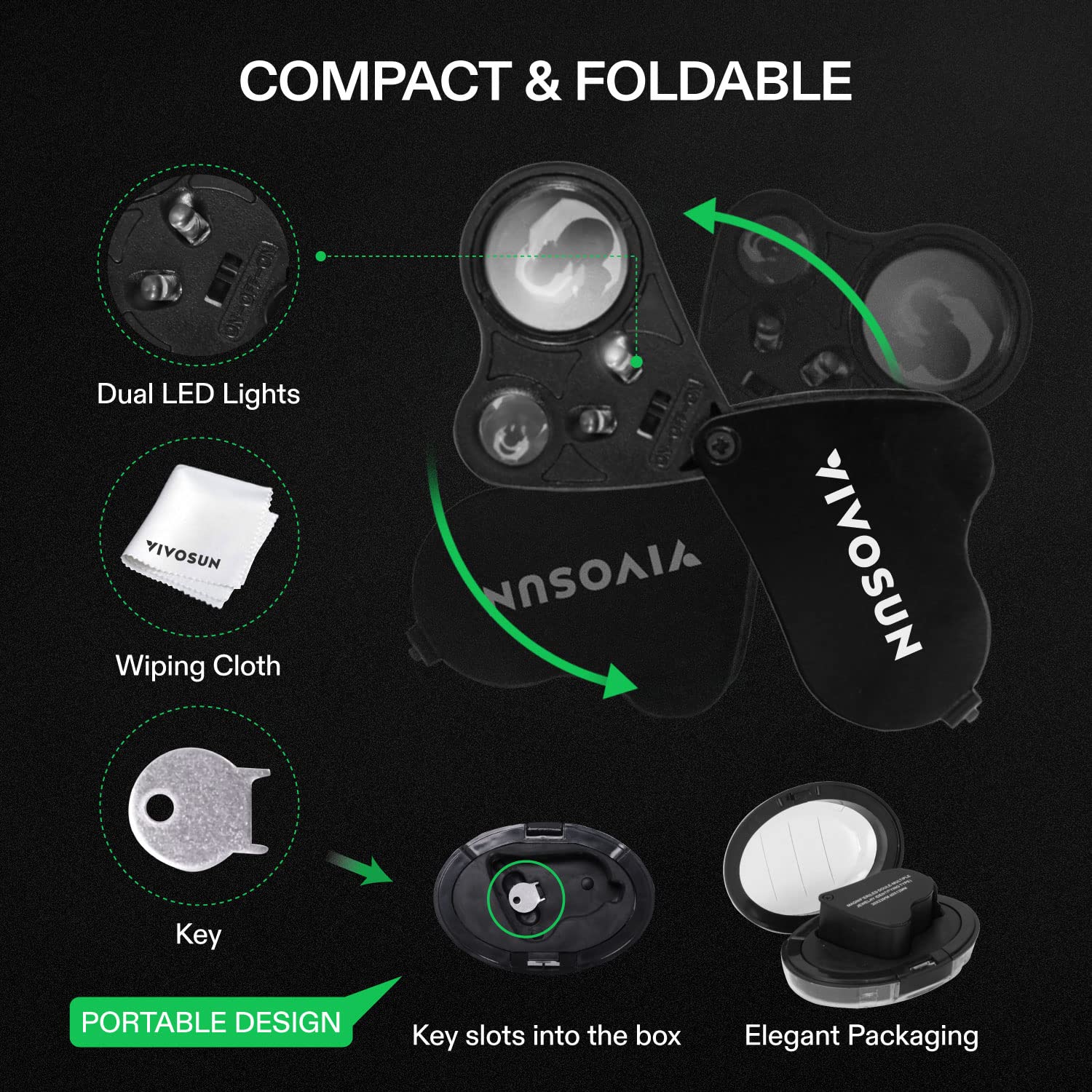 VIVOSUN 2-Pack 30X 60X Illuminated Jewelers Loupe Foldable Magnifier with LED Light for Jewelry Gems Watches Coins Stamps Antiques Black