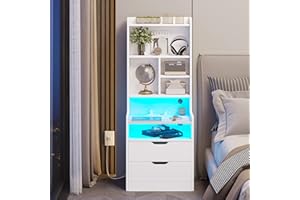 BTHFST Tall Nightstand with Charging Station and LED Lights, White LED Nightstand with Bookshelf, Bedside Table with Shelves and 2 Drawers, Tall End Side Table with USB Ports and Outlets, White