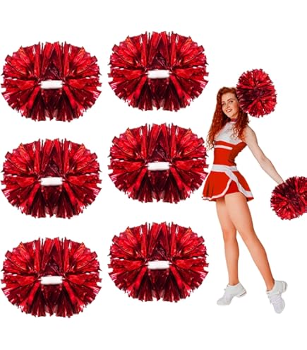 Hanaive 24-Pack Cheerleading Pom Poms – Red & Black Metallic Foil, With Baton Handles, For Spirit Week, Games, & Parties