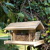Liawm Wooden Bird Feeder for Outdoors Hanging Mount Large Capacity, Pine Garden Roof Feeder with 2 Suet Cages, Cardinal Bluebird Birdfeeder for Garden Decoration Yard, Weatherproof Durable