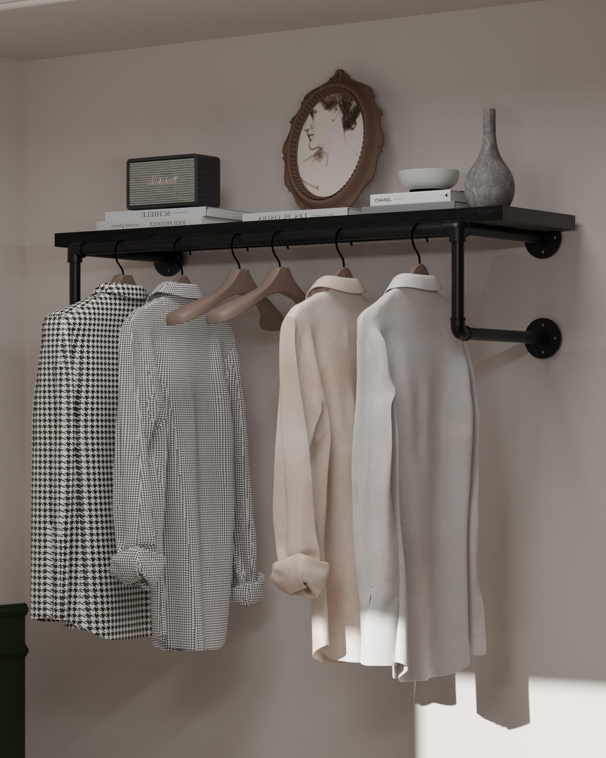 Photo 1 of TEDIDUWA Clothes Rack 36in, Wall Mounted Garment Racks with Real Black Wood Shelf, Heavy Duty Hanging Clothes Rack, Multi-Purpose Hanging Rod, Space-Saving Closet Storage