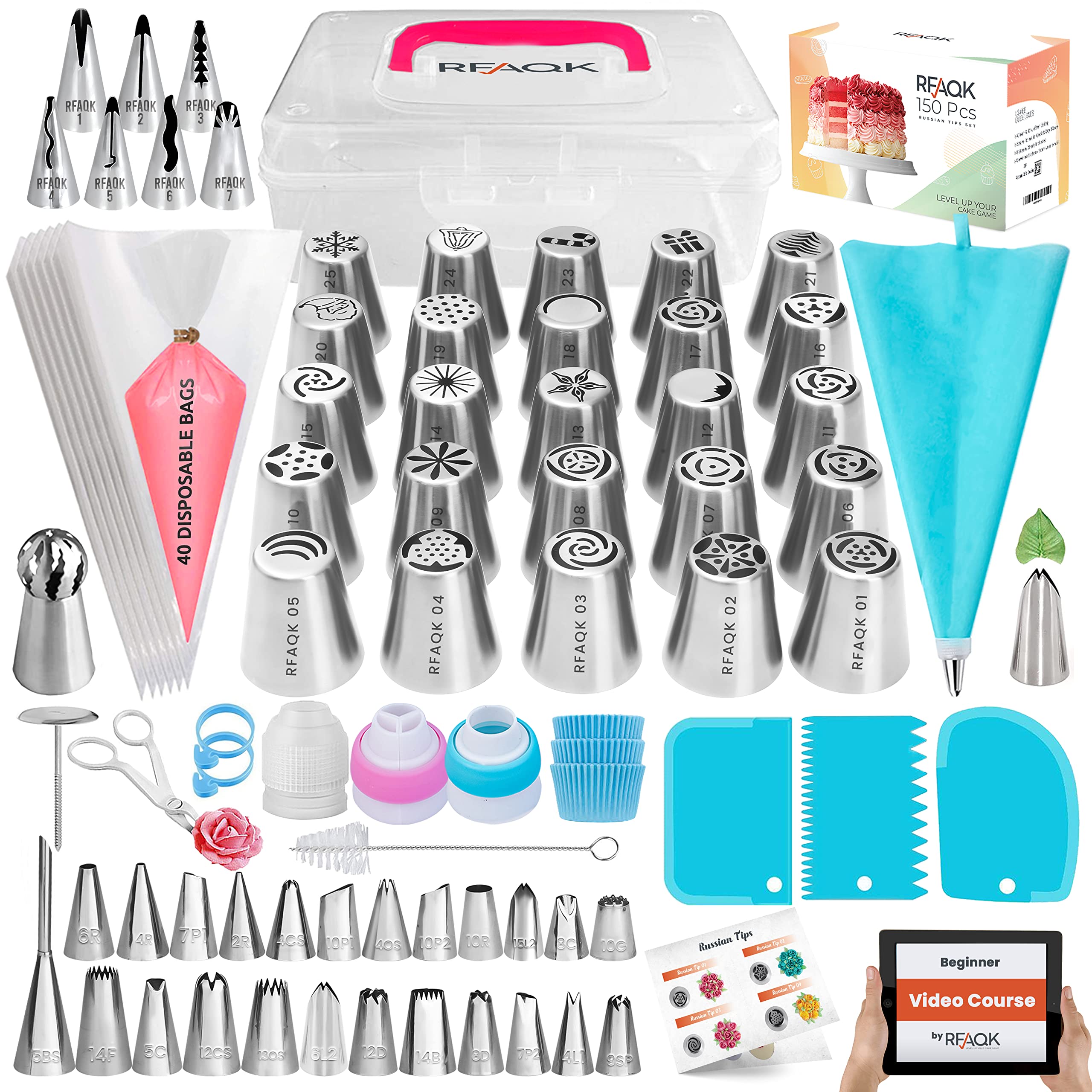 Photo 1 of 150PCs Russian Piping Tips for Cake Decorating - Piping Bags and Tips Set include 25 Extra Large Russian Tips,31 Icing Tips, 41 Pastry Bags & Other Frosting Tools for Cookie, Cupcake & Cake Decoration