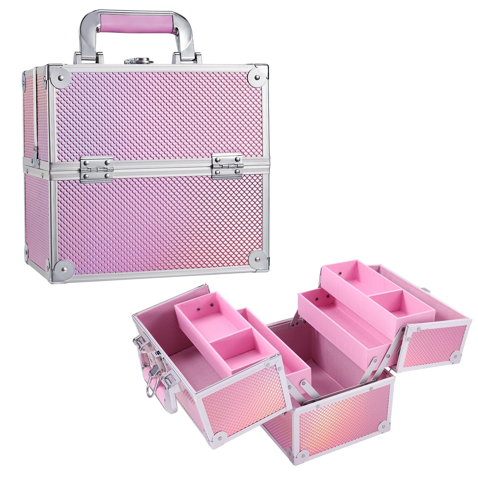 Frenessa Makeup Box Organiser Cosmetics Case Jewellery Organiser Box Vanity Case Pink Make Up Storage Beauty Case Lockable with Keys