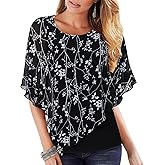 Lotusmile Women's Lightweight Flowy Shirt Double-Layered Printed Chiffon Poncho Blouse Top