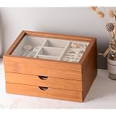 Clasin Home Jewelry Box with Glass Lid, 3 Layer Jewelry Organizer for Women, Solid Wooden Jewelry Box Display for Ring Earrings Necklace Bracelet, Pine Wood Jewelry Boxes Vintage Style for Gifts