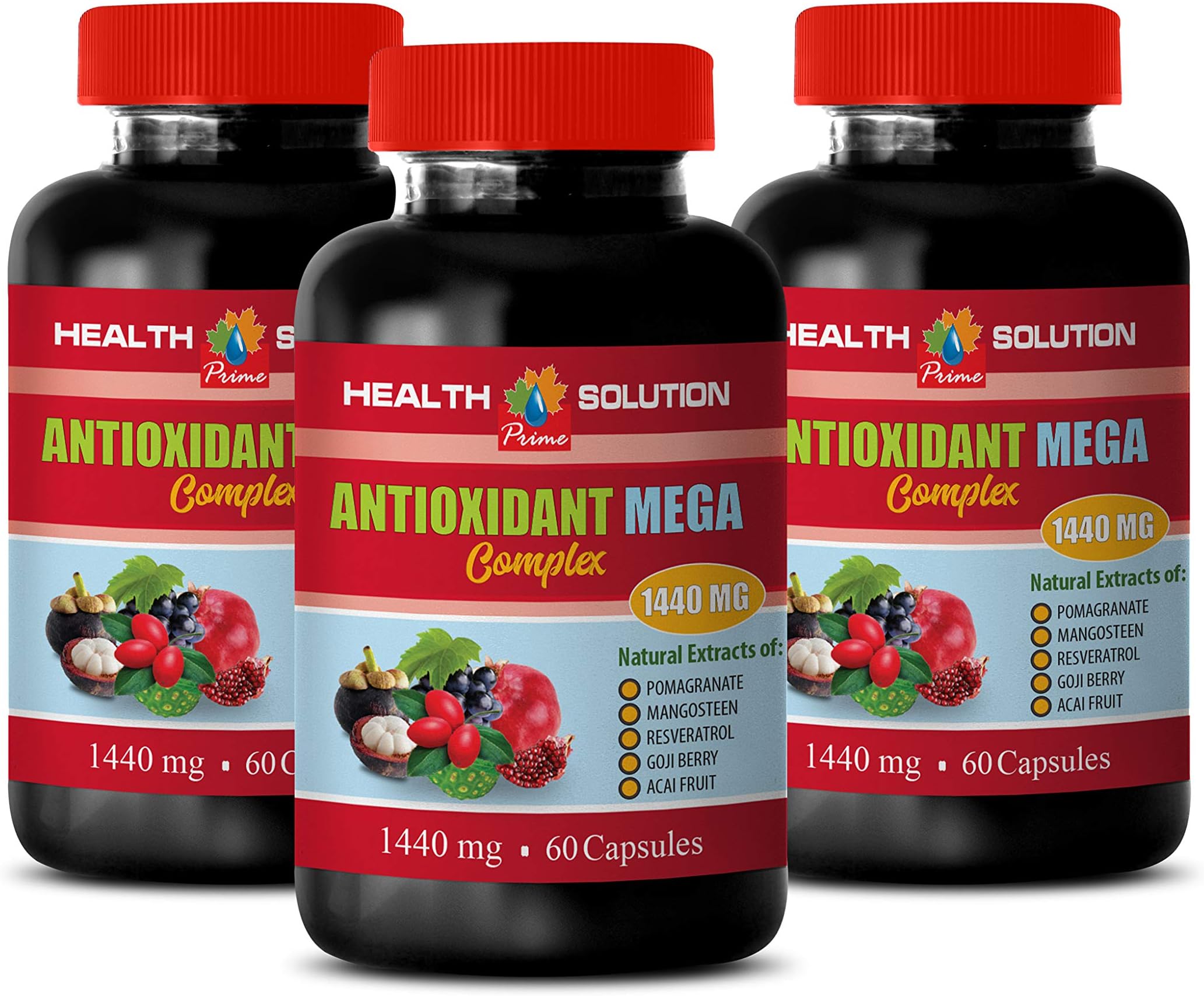 Blood Pressure Natural Supplements - ANTIOXIDANT MEGA Complex 1440 MG - Grape Skin Extract - 3 Bottles 180 Capsules