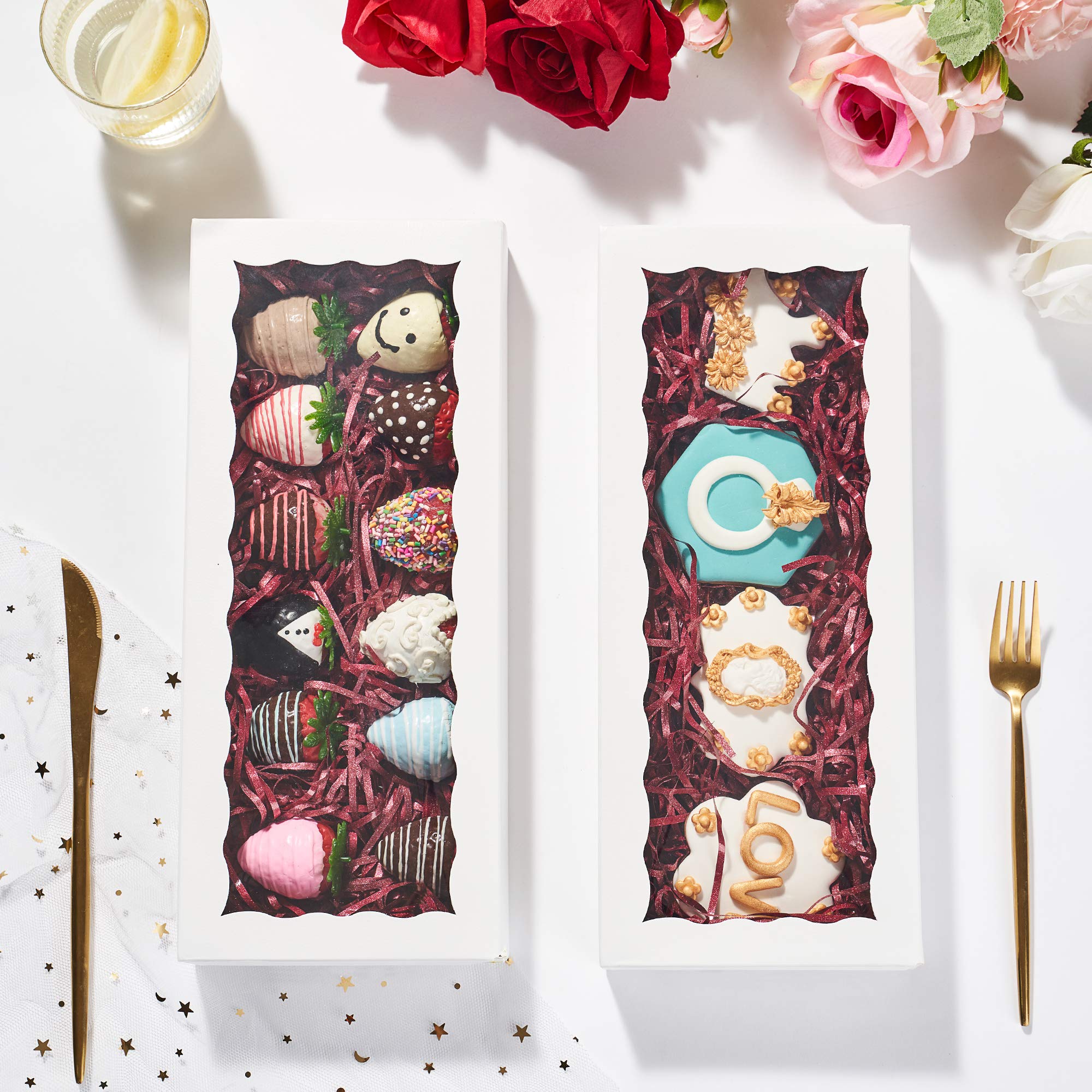 JCXPACK 24PCS 12 x 5 x 1.5 inches Auto-Popup One Piece Premium Cookies Boxes, Bakery Boxes for Mother's Day and Christmas Holiday Cookie Gift Sets