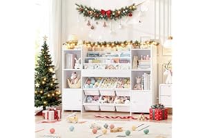 FINETONES Toy Storage Organizer with 6 Toy Bins, Toy Organizer Kids Bookshelf with 6 Cubbies, Toy Organizers and Storage Bins Playroom Storage for Kids Room, White