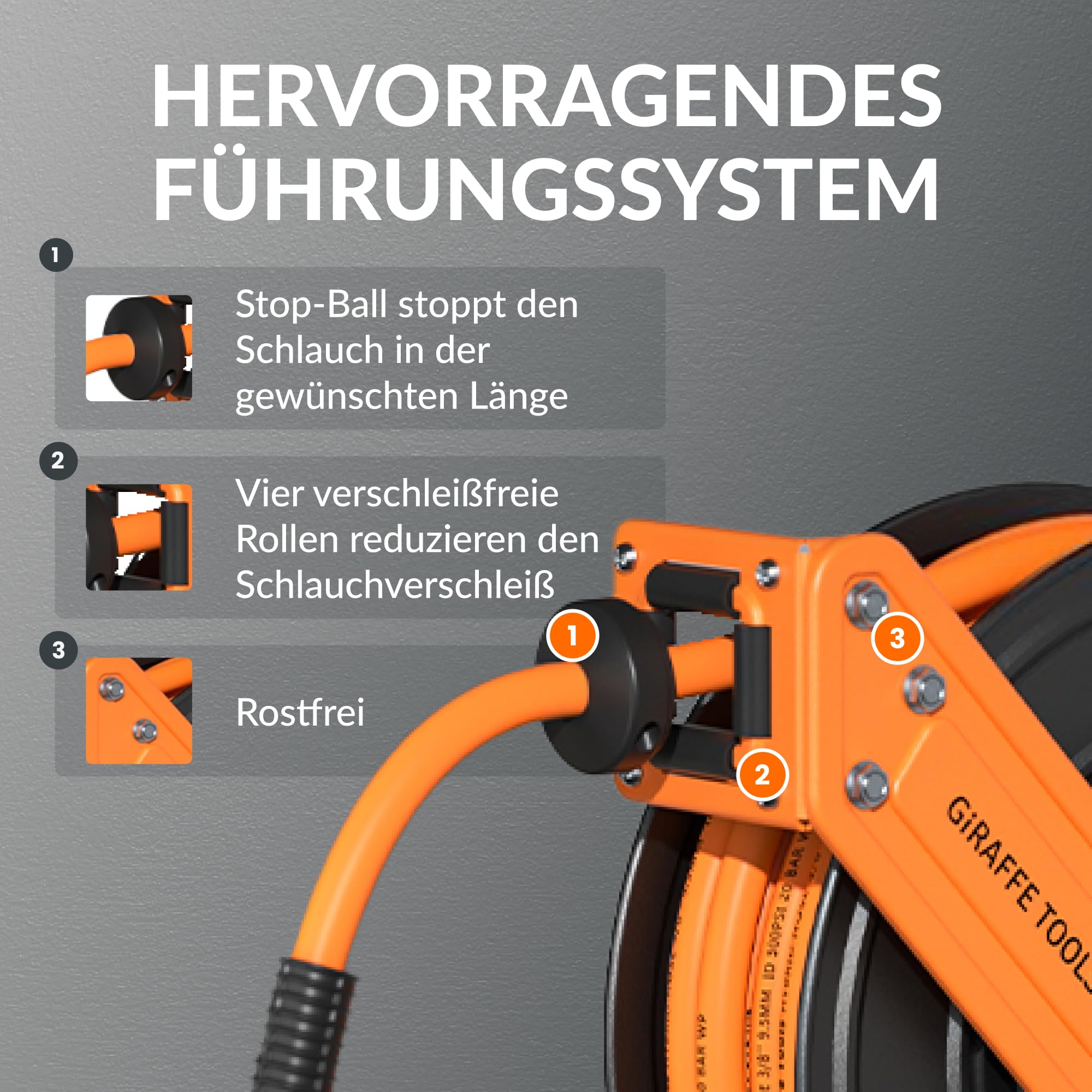 Giraffe Tools Automatik Druckluftschlauchtrommel 15M-Robuster Aufroller mit 1/4" Anschluss&3/8" Schlauch (Ø9,5mm) max 300PSI für Werkstatt und Garage-Plus Version mit 180°Schwenkbracket und Zubehörset 4