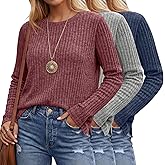 Huukeay 3 Pack Women's Long Sleeve Shirts Lightweight Tunic Sweaters with Side Split Crew Neck Casual Tops 2026 Trendy
